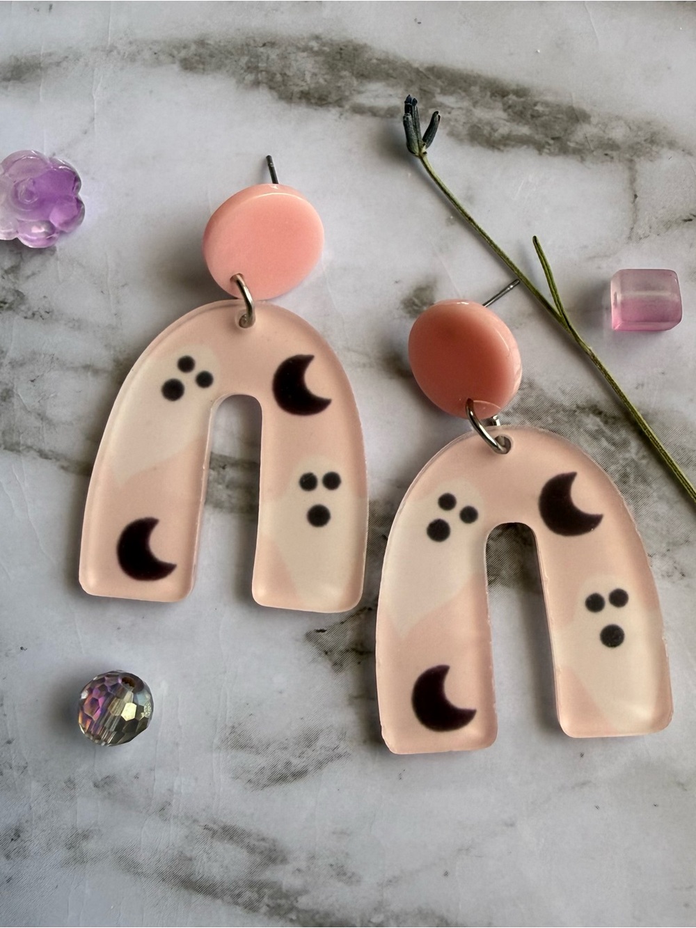 Retro Inspired Pink Moon & Ghost Arch Earrings